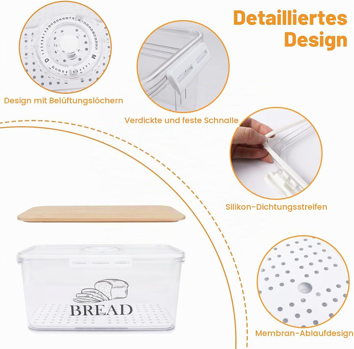 Brotbox Acryl 32 cm, Brotkasten mit Bambusdeckel für Küche Brot | Transparente Brotaufbewahrungsbox