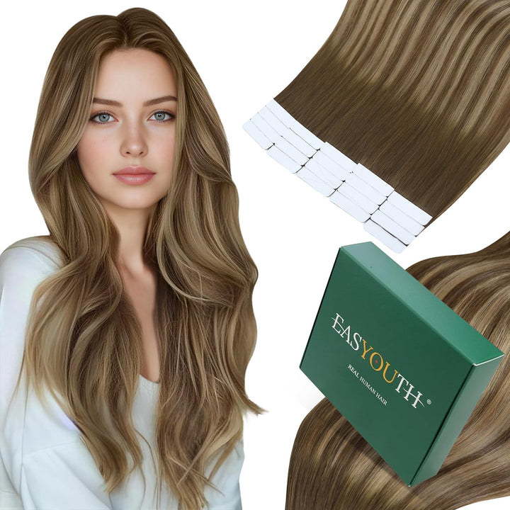 Easyouth Tape Extension Echthaar Ombre Braun Tape in Haarverlängerungen Extensions Remy Haar Mittelb