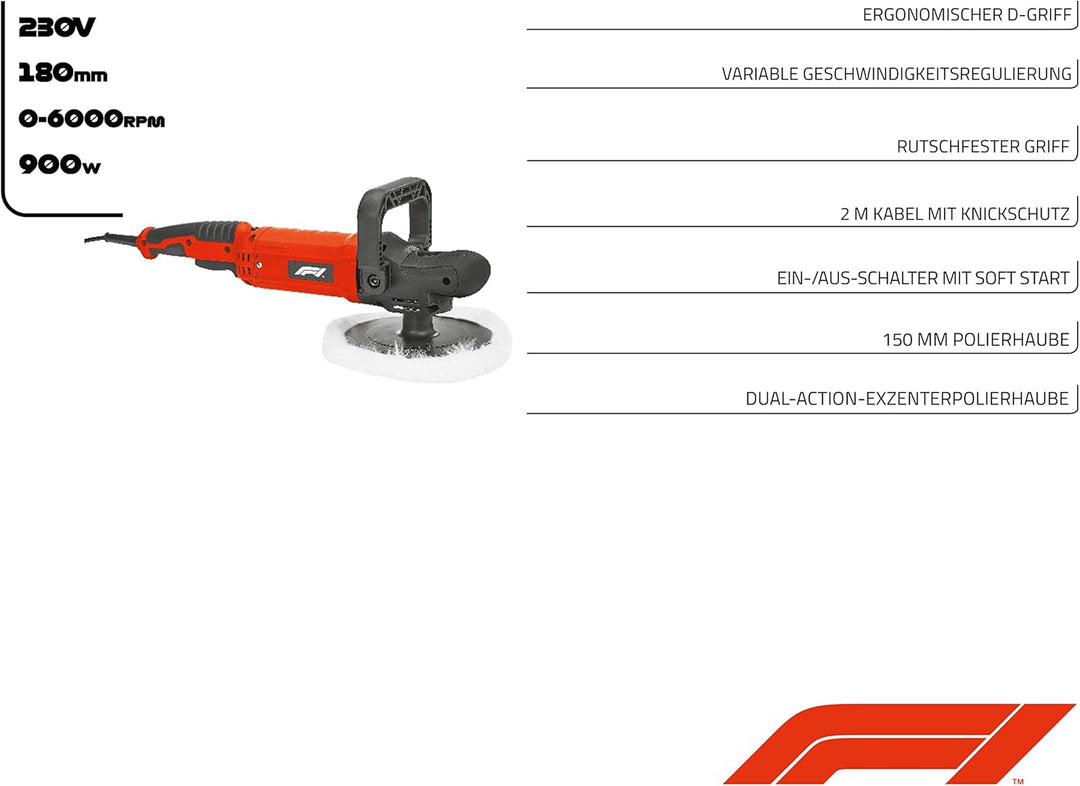 Formula 1 Poliermaschine 900 W/230V, 600-4.000 U/Min Drehzahl, Soft Start, geräuscharm, 150mm Scheib