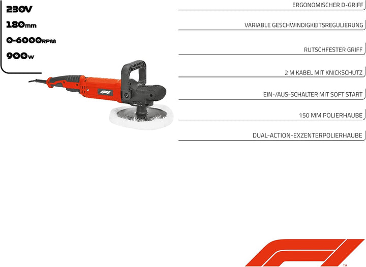 Formula 1 Poliermaschine 900 W/230V, 600-4.000 U/Min Drehzahl, Soft Start, geräuscharm, 150mm Scheib