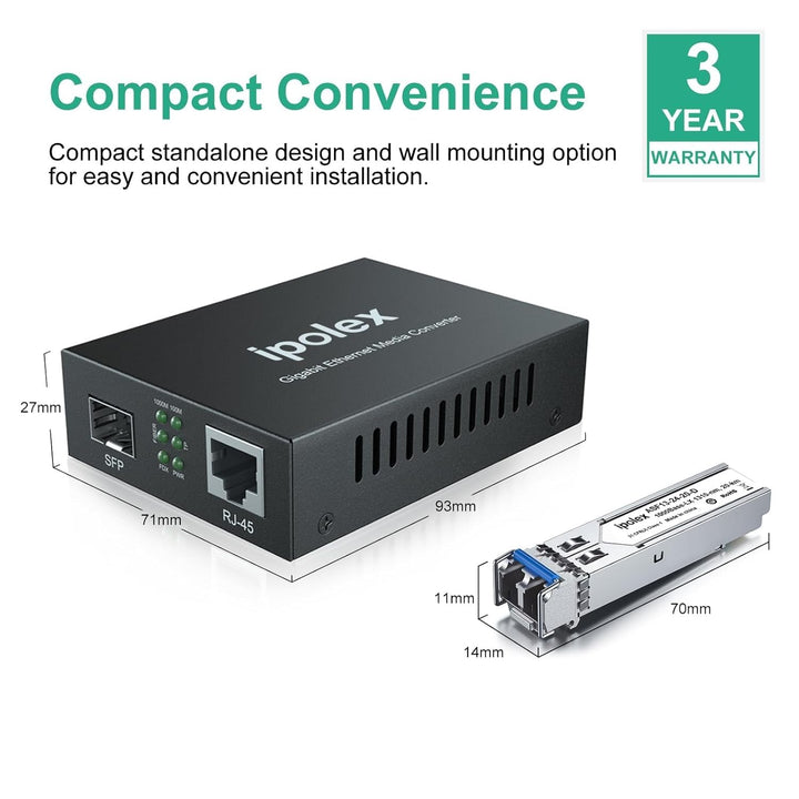ipolex Gigabit Ethernet Medienkonverter LWL Glasfaser Singlemode LC, mit 1G SFP LX Transceiver-10/10