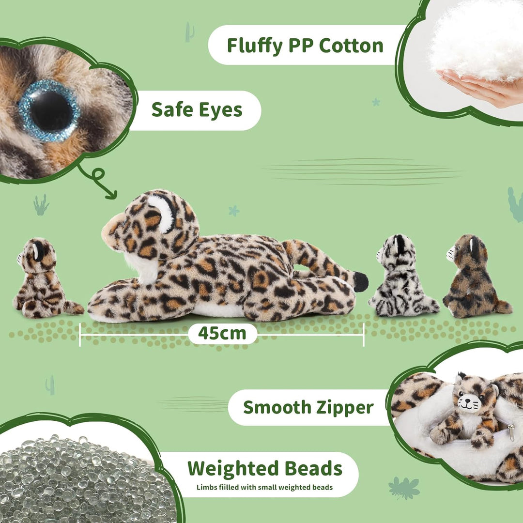 MorisMos 45cm riesen Leopardo Kuscheltier XXL mit 3 Plüschbaby im Bauch, gross liegend Plüsch Leopar