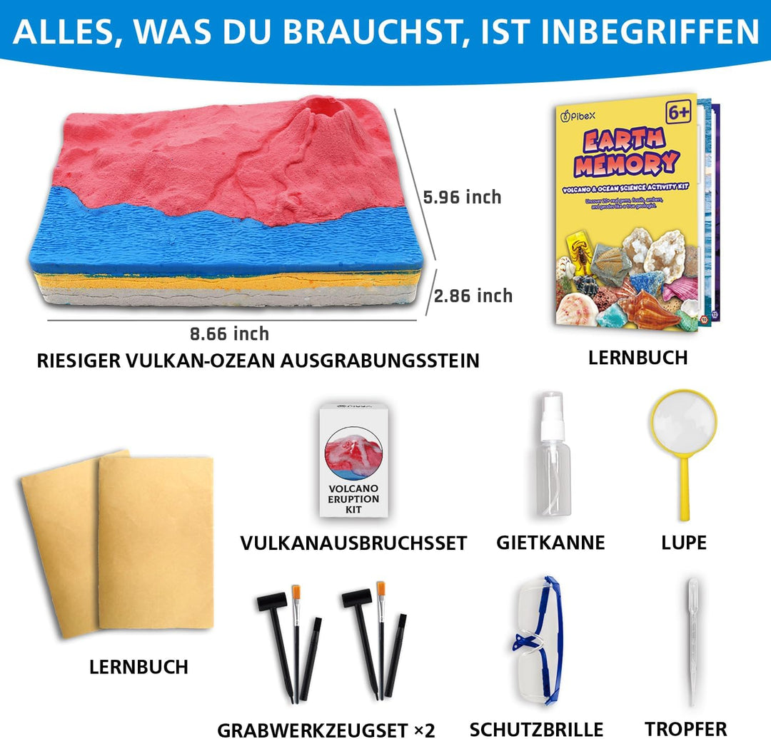 Fossilien &amp; Edelsteine Ausgrabungsset mit Vulkanexperiment, 20+ echte Funde (Geode, Muscheln, Meeres