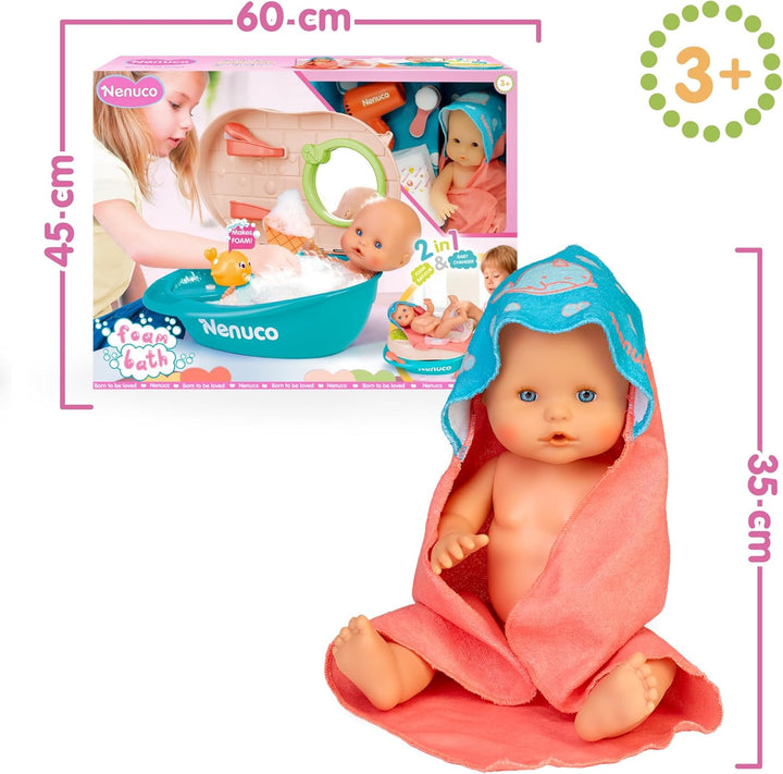 Nenuco Bad mit Blasen, Puppe 35 cm mit festem Körper und magischem Haar, mit Zubehör 2-in-1: Badewan