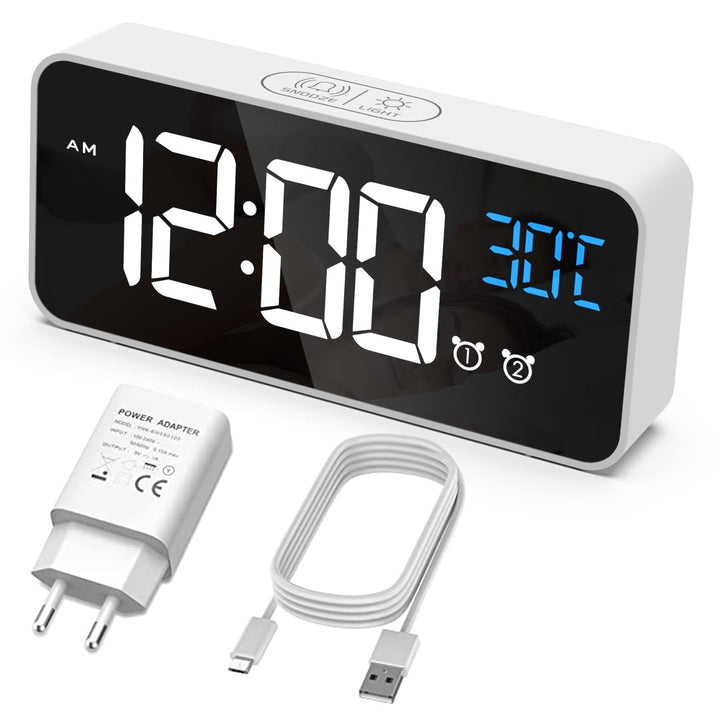 Wecker Digital, LED Digitaluhr mit Temperaturanzeige Tragbarer Spiegelalarm Tischuhr mit 2 Alarmen 1