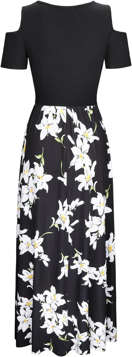 STYLEWORD Sommerkleid Damen Lang Maxikleid Sommer Elegant Freizeitkleid Kurzarm Kleider mit Taschen