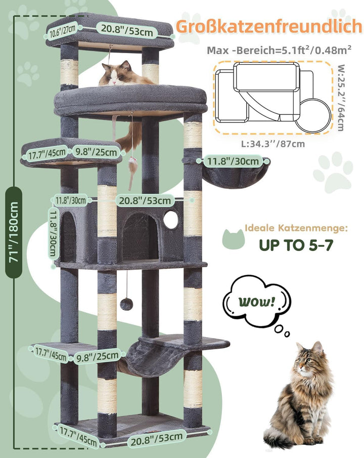 Taoqimiao 180CM Kratzbaum Gross xxl, Katzenbaum Grosse Katzen Stabil kratzbaum Maine Coon mit Katzen