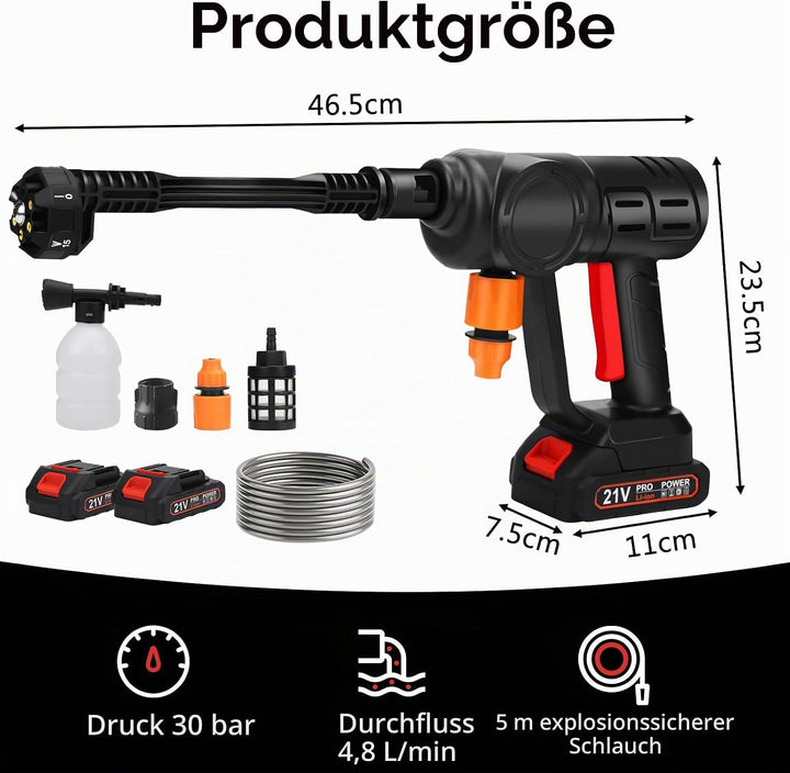 Kabelloser Hochdruckreiniger 30Bar Akku 5-in-1 Düse | Tragbarer Selbstansaugung, Leistungsstarker Ku