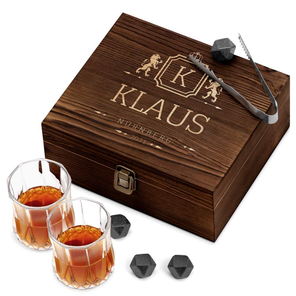 Maverton Whisky Steine Set - in Holzbox mit Gravur - 8 Eiswürfel + 2 Whisky Gläser - wiederverwendba