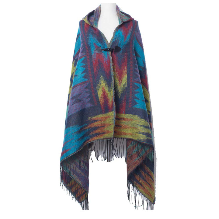 MeiPing Damenmode Croissant Button Bohemian Fringe Blended Kaschmir Kapuzen Cape Blau, Blau