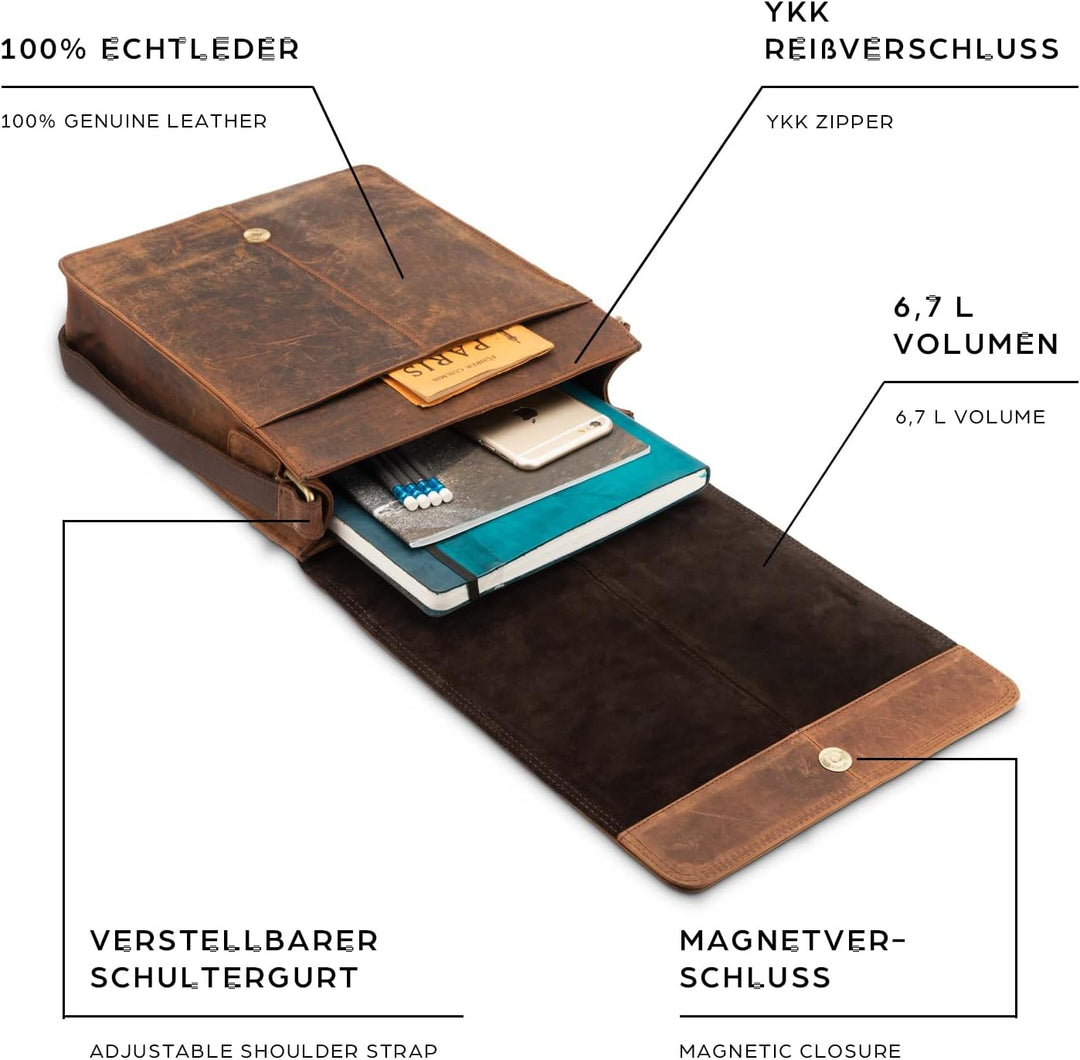 LEABAGS Leder Umhängetasche Herren &amp; Damen I Echtleder Laptoptasche bis 13 Zoll I Messenger Bag mit