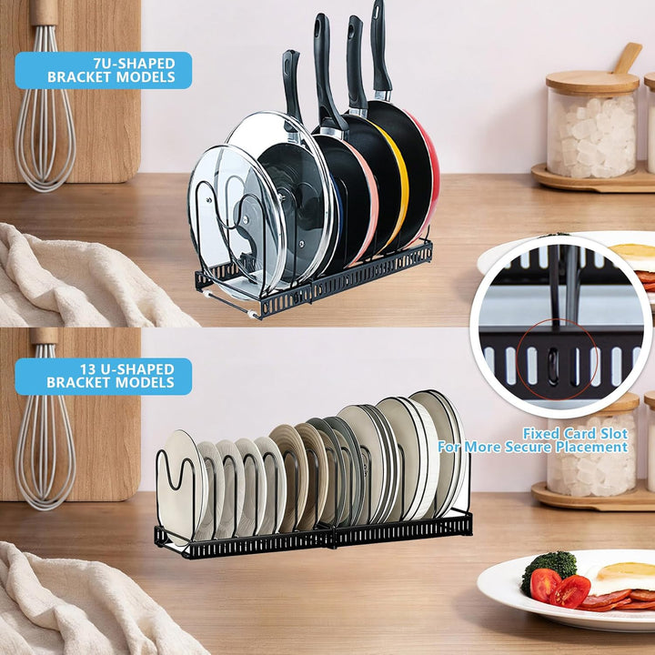 Verstellbarer Topf - Pfannenorganizer 2 teilig mit 20 Fächern, Ausziehbarer Topfdeckelhalter für Küc
