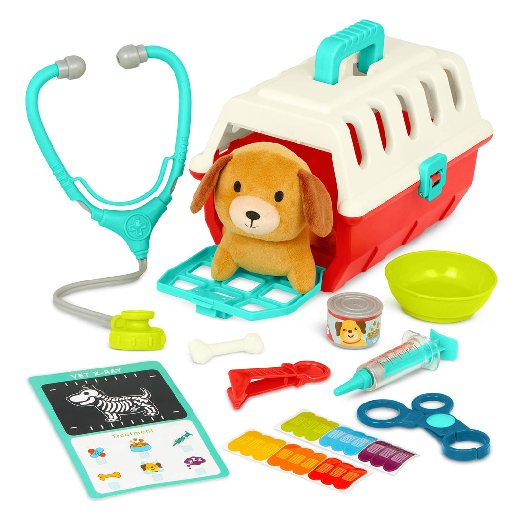 Battat – Welpenpflege Vet Kit – Mini-Tierarzt-Spielset (11 Teile) – Plüschhund & Tragetasche – Aufkl