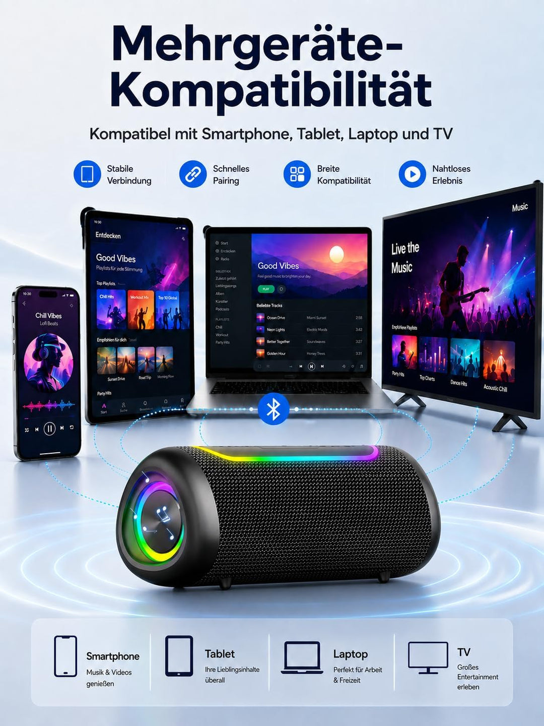 UOHHBOE 30W Bluetooth Lautsprecher Tragbarer Musikbox Bluetooth 5.4 Dual Stereo & TWS 30 Std Akku RG
