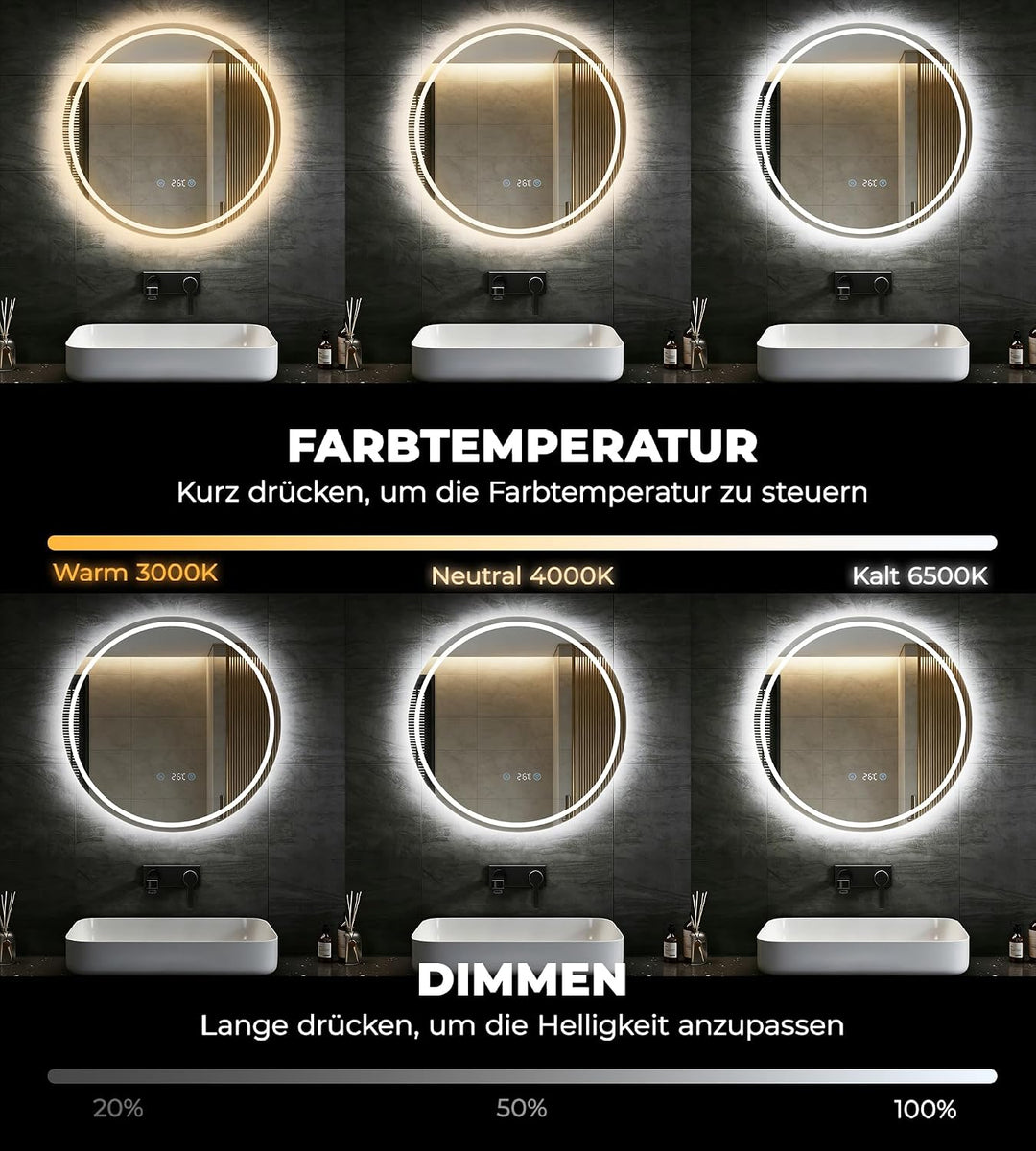 SVNR LED Spiegel mit Beleuchtung rund Ø60 cm – Modernes Badezimmer Spiegel mit Touch Control, 3 Farb