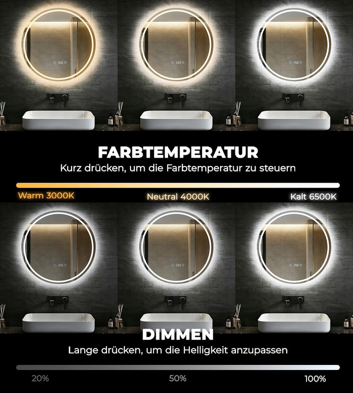 SVNR LED Spiegel mit Beleuchtung rund Ø60 cm – Modernes Badezimmer Spiegel mit Touch Control, 3 Farb