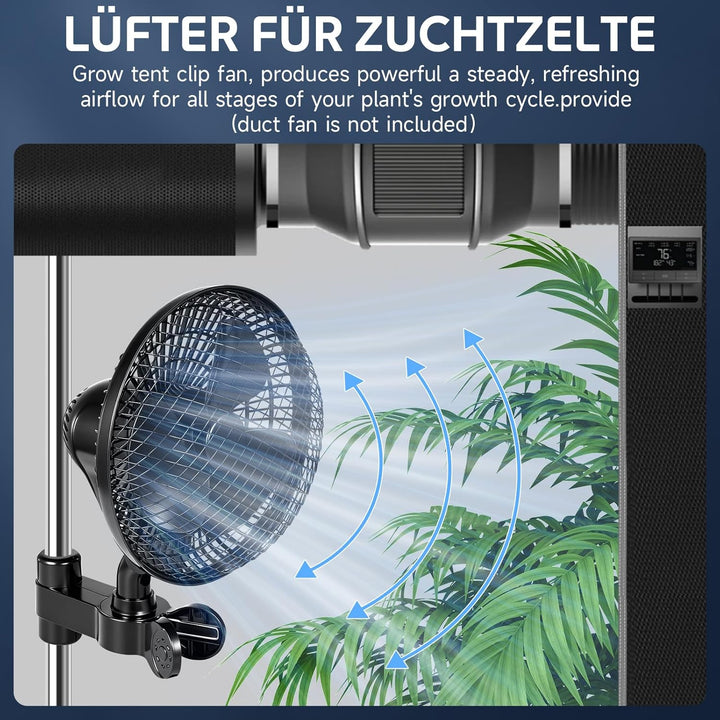 Grow Clip Ventilator, 900 m³/h starke Luftleistung, leise 32 dBA, 3 Geschwindigkeiten, 20W, 3 Timer-
