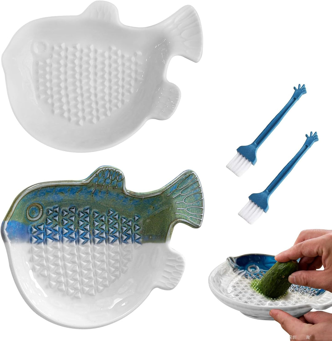 TOATELU 2 Stück Keramikreibe Knoblauchreibe Kugelfischform, Keramikreibe mit Pinsel, Ingwerreibe für
