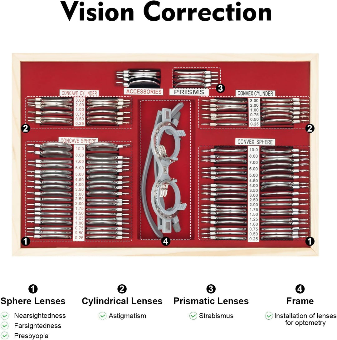 104 Stück Testlinsen-Set Optometrie Metall mit Metallrahmen und Aluminiumetui Optometrisches Zubehör