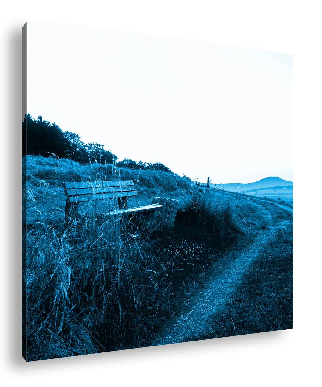 deyoli ruhige Bank am Feldweg Format: 40x40 Effekt: Monocrome Blau als Leinwandbild, Motiv fertig ge