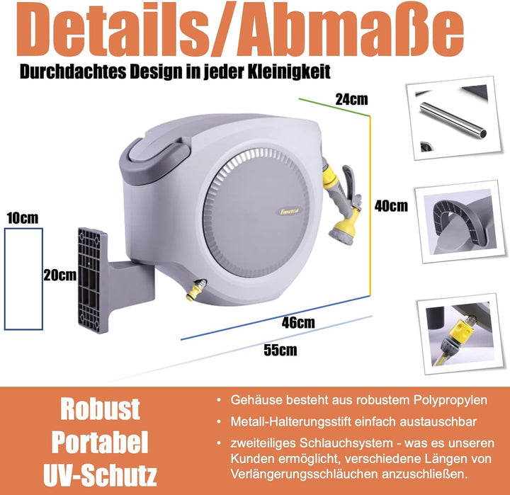 FANZTOOL 35m Schlauchtrommel Set mit Wandhalterung Inkl. 8-Funktionen-Multi-Handbrause | Automatik E