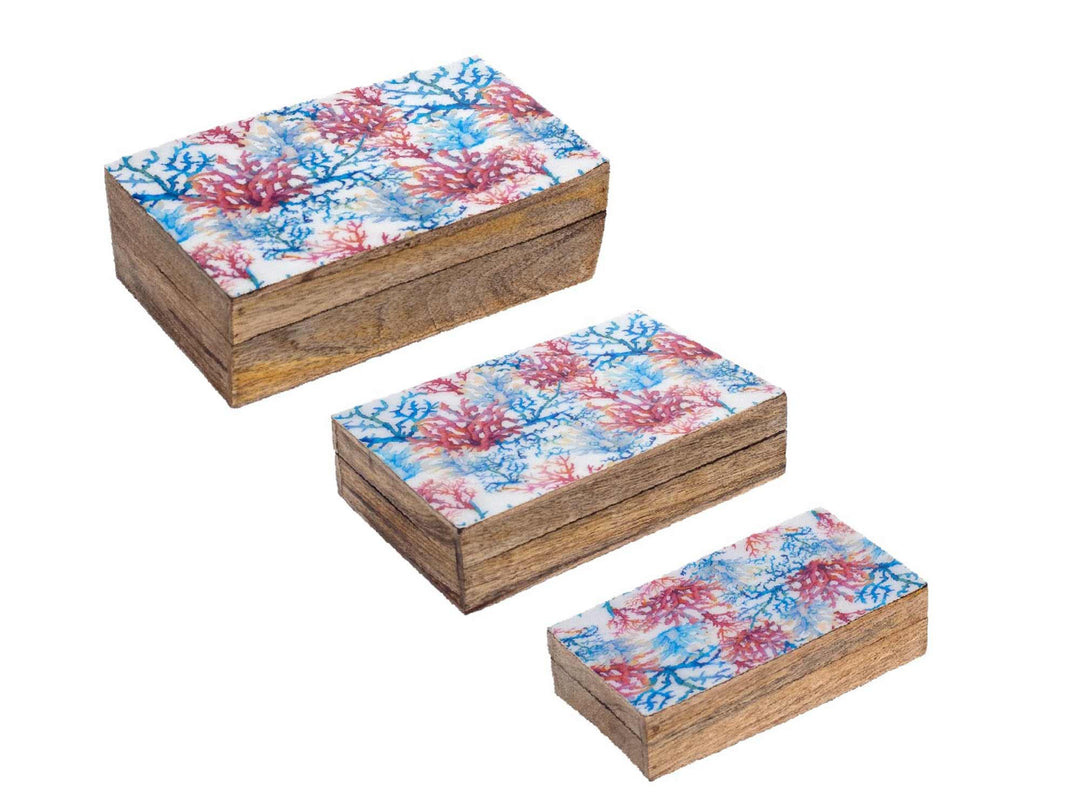 Set mit 3 Boxen aus Mangoholz, Motiv: Korallen, Blau und Rot, L 25,5 cm (gross)