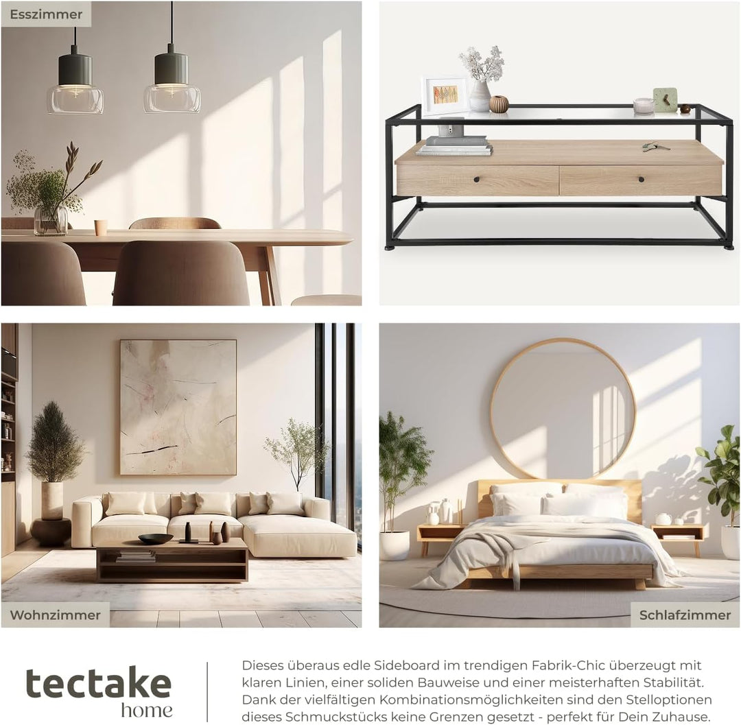 tectake® Lowboard mit 2 Schubladen und Ablagen, 121,5 x 41,5 x 50,5 cm, Fernsehtisch mit Glasplatte,