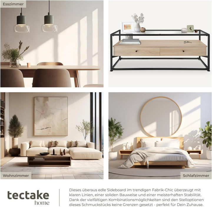 tectake® Lowboard mit 2 Schubladen und Ablagen, 121,5 x 41,5 x 50,5 cm, Fernsehtisch mit Glasplatte,
