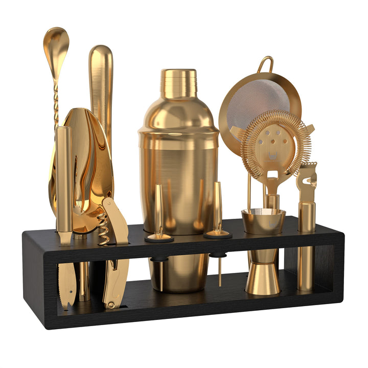 Highball & Chaser Barkeeper-Set mit Espresso-Bambusständer. Schönes Cobbler-Cocktail-Shaker-Set mit