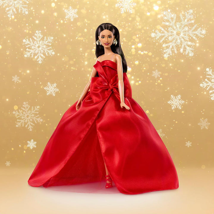 Barbie Signature Puppe, Holiday 2026, braunhaarige Modepuppe | mit Schleifenkleid in Rot, saisonale