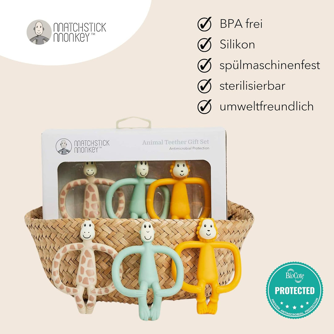Matchstick Monkey 3er-Set Tier-Beissringe Geschenkset – BPA-freies Silikon für Zahnungslinderung, Fe