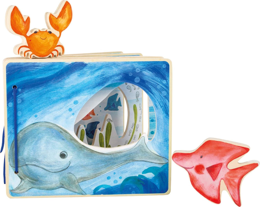 small foot Bilderbuch Unterwasserwelt, interaktives Buch aus Holz für Kinder, mit Krabbe und Fisch,
