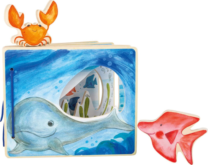 small foot Bilderbuch Unterwasserwelt, interaktives Buch aus Holz für Kinder, mit Krabbe und Fisch,