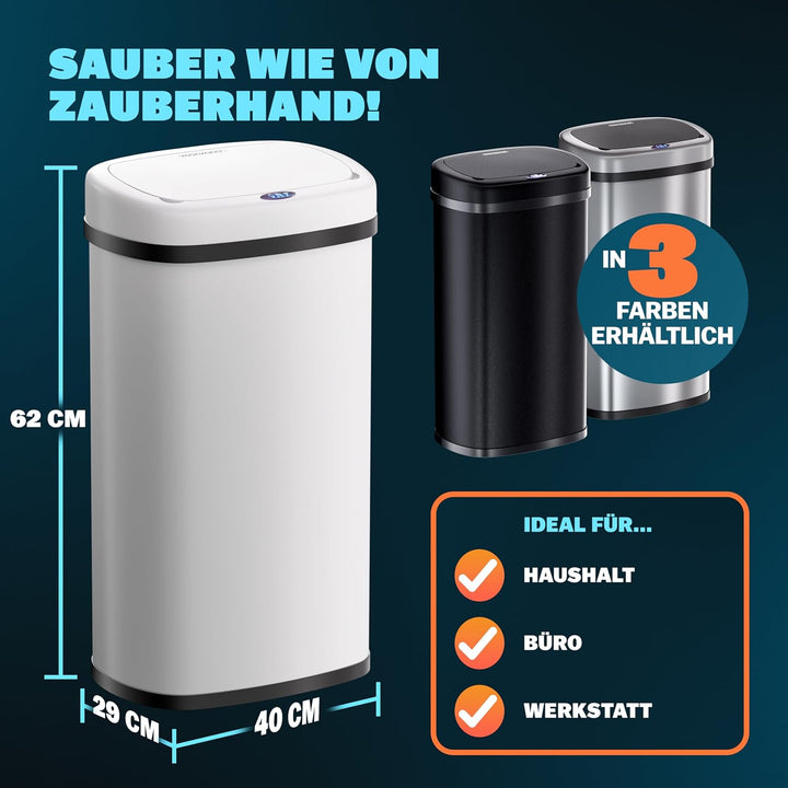 Monzana® Mülleimer mit Sensor Küche 50L Weiss Edelstahl Automatik Deckel Klemmring inkl. USB-Kabel S