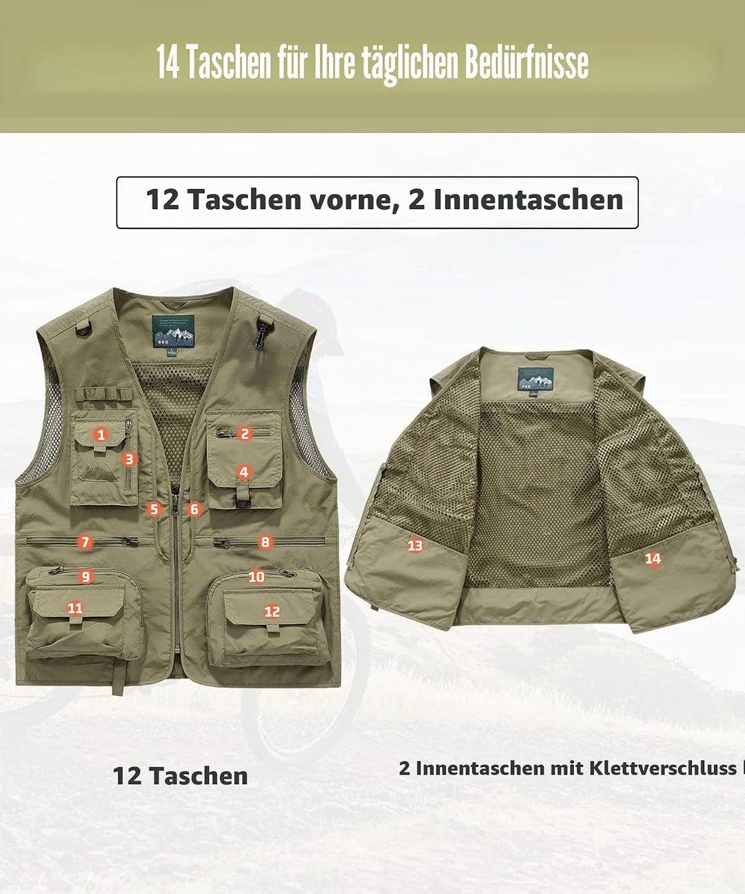 Btmpmcs Herren Outdoor Weste Freizeit Schnelltrocknende Anglerweste mit vielen Taschen Sommer Ärmell