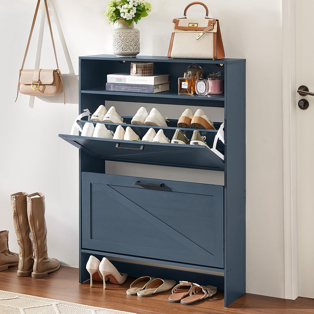 LELELINKY Blaue Schuhschrank, schuhregal mit 2 Klappen,offenen Fächern Schuhkipper,Holz Schmal Schuh