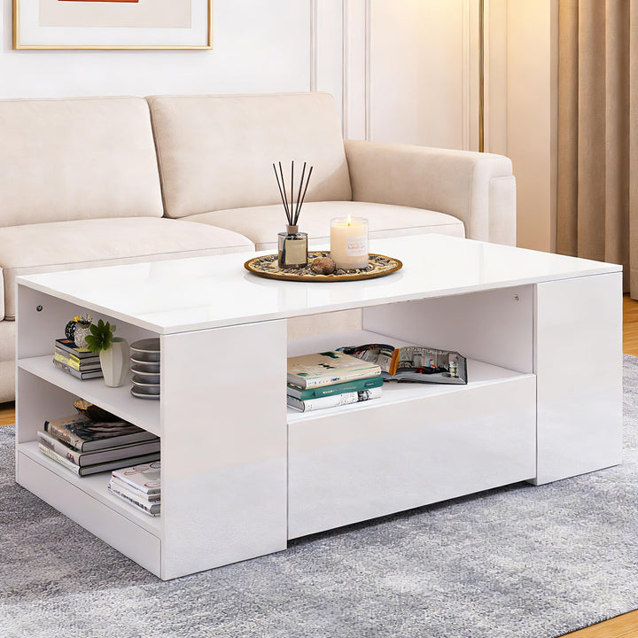 Senvoziii Couchtisch Wohnzimmertisch mit Regal Hochglanz Modern Beistelltisch Kaffeetisch mit 2 Schu
