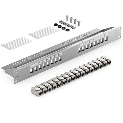 deleyCON 16 Port CAT7 Patchpanel SET Patchfeld Verteilerfeld Modular 1 HE 19" Zoll Rackeinbau + 16x