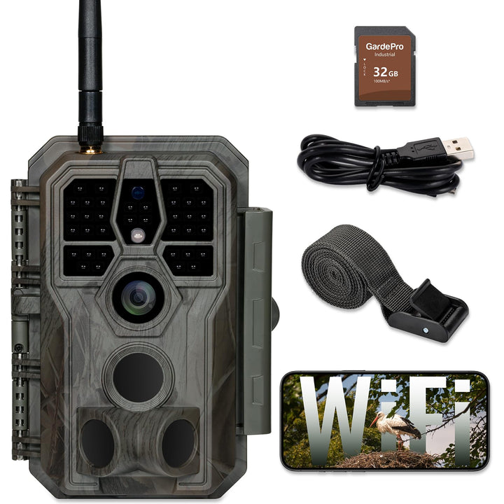 GardePro E8 Wildkamera WLAN mit 32 GB SD-Karte, 64MP H.264 1296P Video, 27m Infrarot Nachtsicht Bewe