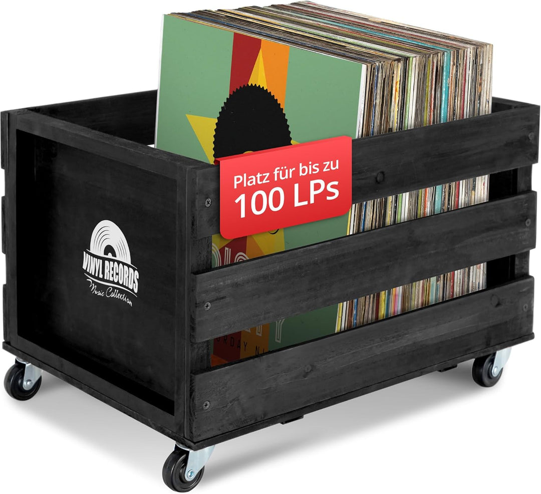 Stagecaptain SPK-100 BK Schallplattenkiste “Emil” - Aufbewahrungsbox für bis zu 100 LPs - aus Vollho
