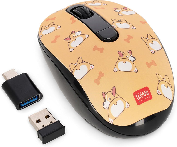 LEGAMI – Kabellose Maus mit ultrakompaktem USB-Empfänger, Corgi, 3 Geschwindigkeitsoptionen, ABS-Mat