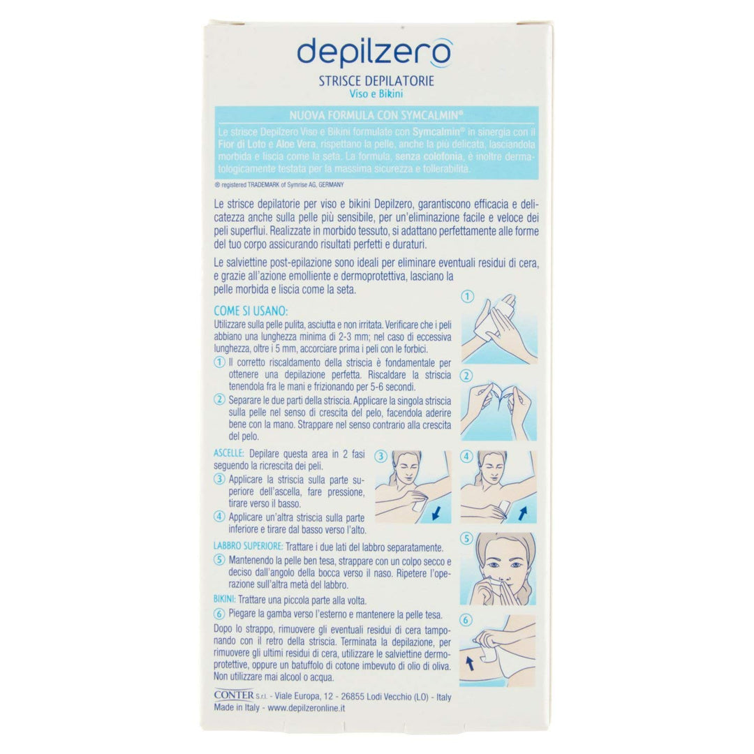 Depilzero Epilierstreifen Gesicht und Bikini 20 Streifen + 4 Tücher