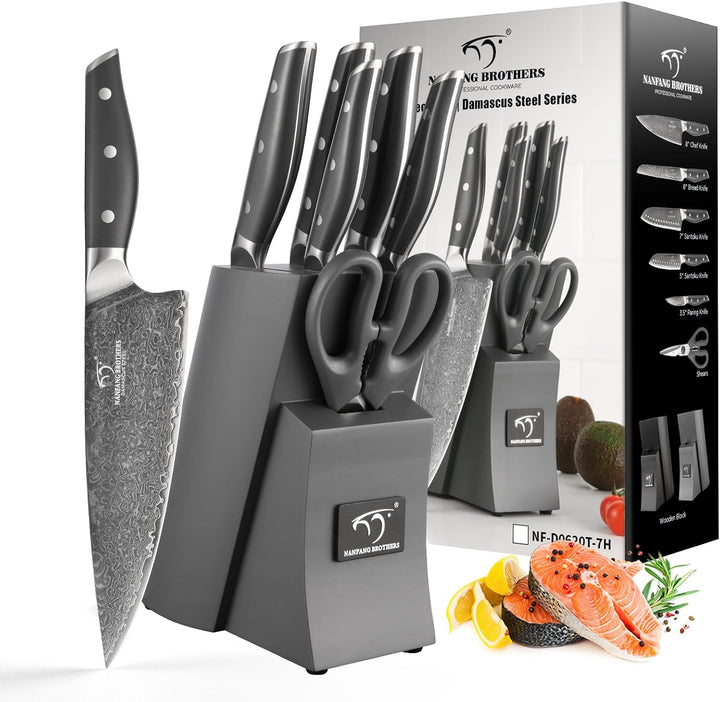 NANFANG BROTHERS Damascus Kitchen Knife Set 7 Piece with Block, Non-Slip ABS Handle, Ultra Sharp Sta