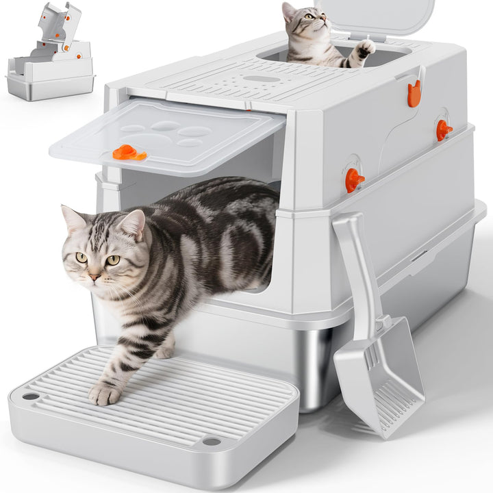 MIXJOY Edelstahl Katzenklo XXL mit Deckel, Katzentoilette Edelstahl Zwei-Tür-Konfiguration, Geschlos