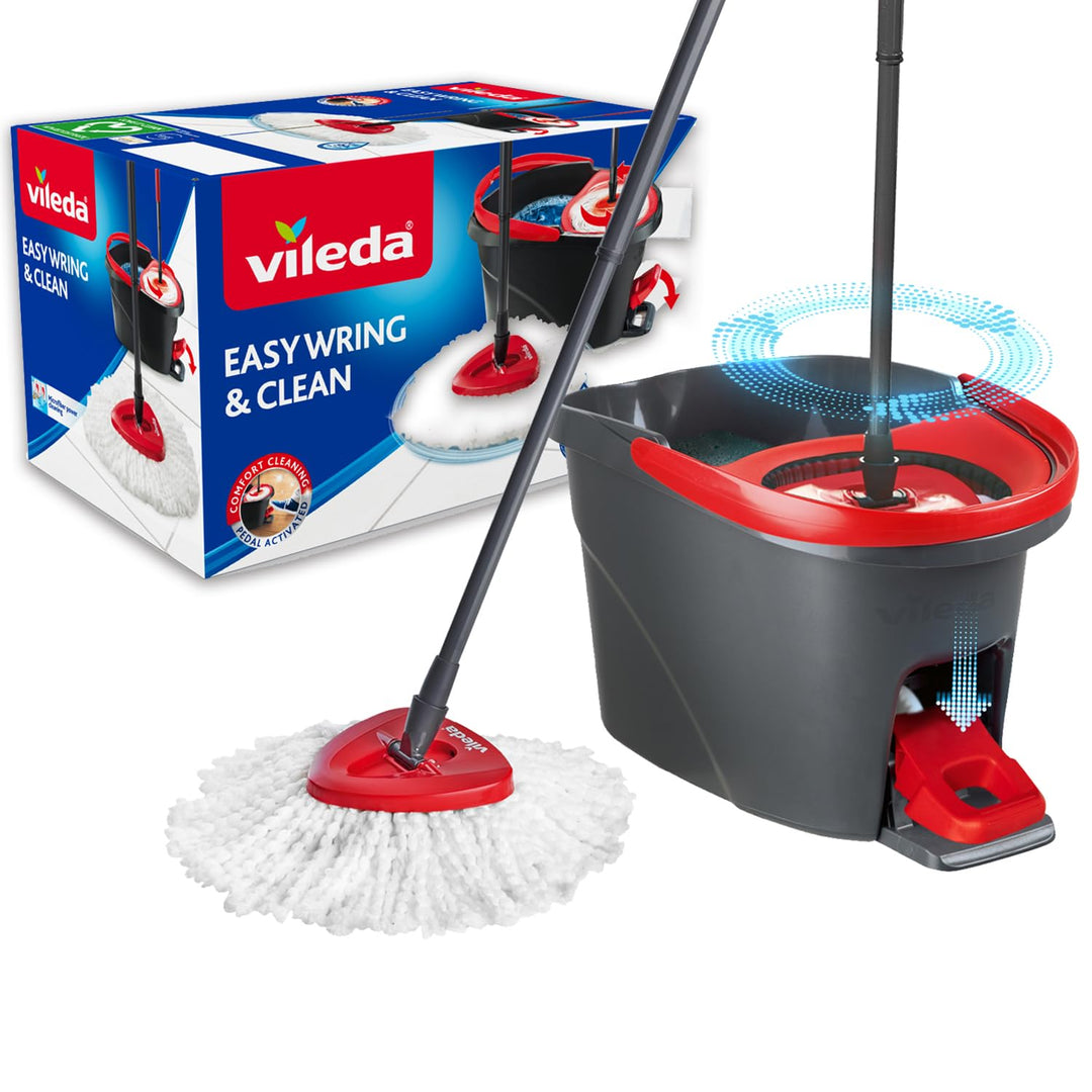 Vileda Easy Wring, Clean Spin Mop und Eimer Set mit Fusspedal, Teleskopstiel 85-123 cm, Bodenwischer