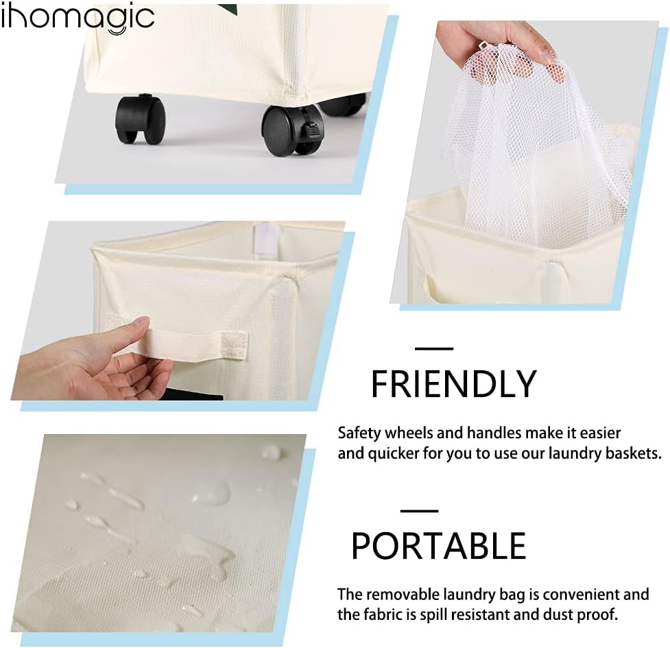 IHOMAGIC 62L Schmale Wäschesack mit Rollen - Hoher Wäschekorb mit Abnehmbaren Wäschesäcken, Grossen