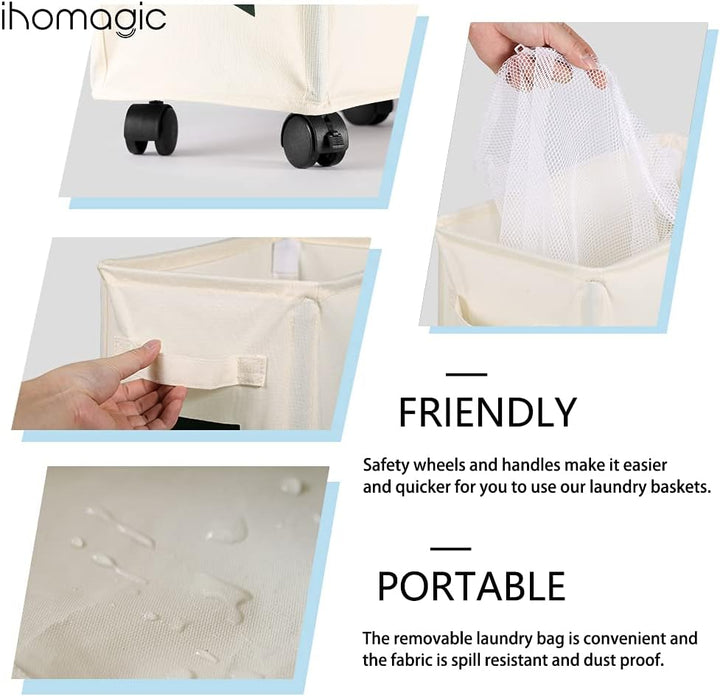 IHOMAGIC 62L Schmale Wäschesack mit Rollen - Hoher Wäschekorb mit Abnehmbaren Wäschesäcken, Grossen