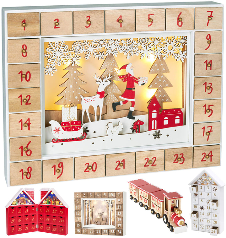 BRUBAKER Adventskalender aus Holz zum Befüllen - Weihnachtsmann im Wald mit LED-Beleuchtung - Wieder