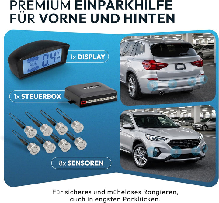 VSG24 Premium Kombi Einparkhilfe mit Display zum nachrüsten am Auto, PDC Parksensoren Vorne Hinten m
