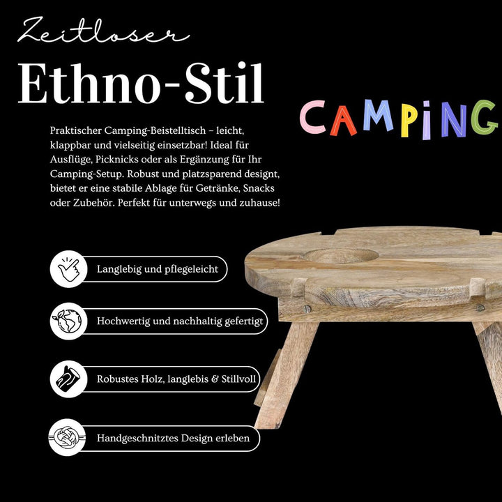Marrakesch Picknick Klapptisch aus Holz Tablett Durchmesser 40 cm | Campingtisch Roman klappbar für